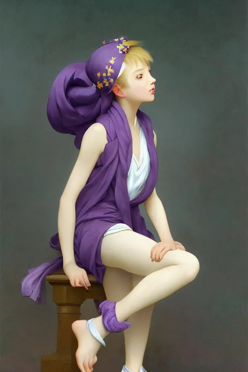 Image similar to Full View girl with short blond hair wearing an oversized purple Beret, Baggy Purple overall shorts, Short Puffy pants made of silk, silk shoes, a big billowy scarf, Golden Ribbon, and white leggings Covered in stars. Short Hair. masterpiece 4k digital illustration by Ruan Jia and Mandy Jurgens and Artgerm and william-adolphe bouguereau, award winning, Artstation, art nouveau aesthetic, Alphonse Mucha background, intricate details, realistic, panoramic view, Hyperdetailed, 8k resolution, intricate art nouveau