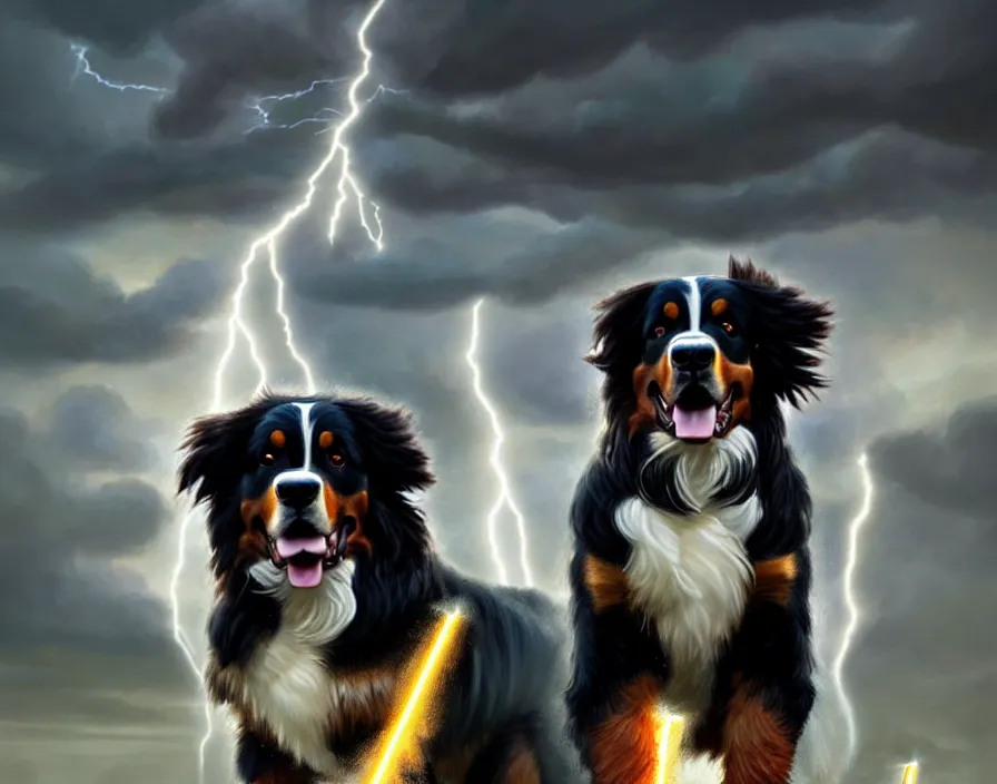 Image similar to an epic painting of a male anthropomorphic bernese mountain dog as zeus, shooting lightning bolts from his paws, by greg rutkowski, intricate details, artstation, furry, cinematic, hd, beautiful