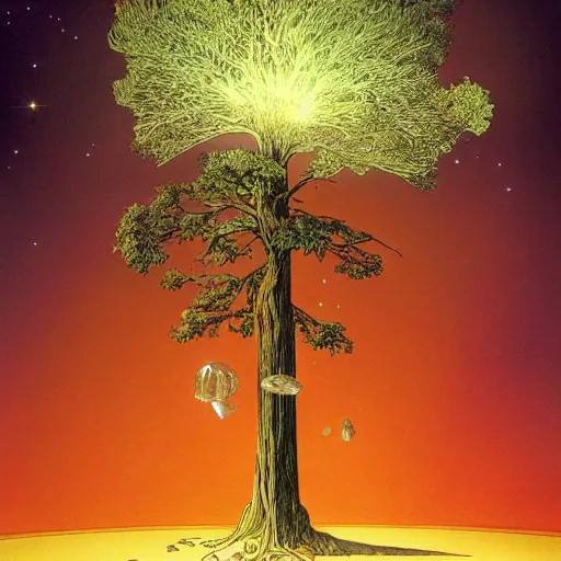 Image similar to a large tree growing from a large floating crystal in space, by moebius