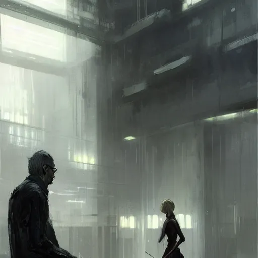 Prompt: concept art by greg rutkowski, a very tall, and slender woman with blond hair, talking with a very tall and slender mand with short black hair, brutalist futuristic interior, dark lighting atmosphere, detailed portraits, nostalgic atmosphere, scifi, digital painting, artstation, concept art, smooth, sharp foccus ilustration, artstation hq