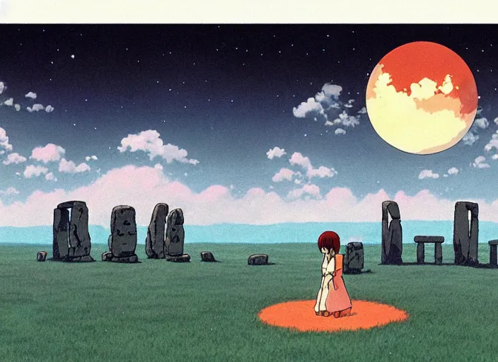 Image similar to a realistic cell - shaded studio ghibli concept art from paprika ( 2 0 0 6 ) of a flying multi - colored cube from close encounters of the third kind ( 1 9 7 7 ) and a grey long - haired witch in a flooded stonehenge on a misty starry night. very dull colors, wide shot, hd, 4 k, hq