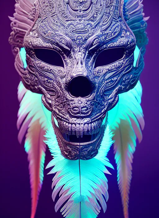 Image similar to 3 d venetian mask portrait, sigma 5 0 0 mm f / 5. beautiful intricate highly detailed quetzalcoatl skull and feathers. bioluminescent, plasma, lava, ice, water, wind, creature, thunderstorm! artwork by tooth wu and wlop and beeple and greg rutkowski, 8 k trending on artstation,