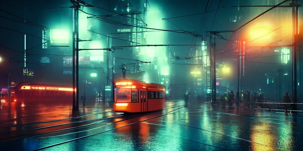 Image similar to tram on viaduct crossing the city at night time ， blade runner 2 0 4 9, 4 k resolution, ultra wide angle, cinematic, octane render