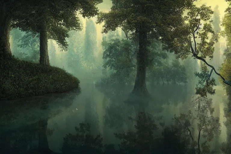 Prompt: a beautiful painting of a vast serene landscape with trees and rivers in the matrix, matrix code, detailed, deep focus, movie still, dramatic lighting, ray tracing, by michal karcz and ryoji ikeda