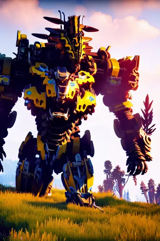 Image similar to a cinematic still from horizon zero dawn, yellow bumblebee mech, decepticon armor plating, octane render, nvidia raytracing demo, masterpiece, aged armor plating, aggressive head,