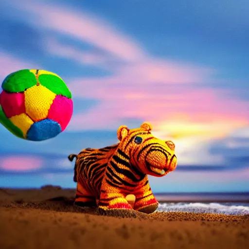 Prompt: a closeup photorealistic photograph of a cute smiling knitted tiger hippopotamus chasing a beachball during sunset. surf in background. professional capture. this 4 k hd image is trending on artstation, featured on behance, well - rendered, extra crisp, features intricate detail, epic composition and the style of unreal engine.