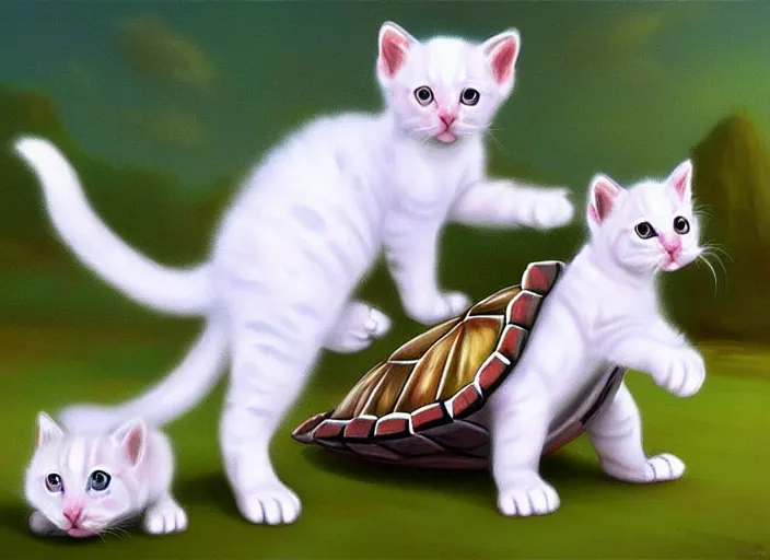 Prompt: white kittens riding turtles ready for battle, cute, digital oil painting, trending on artstation