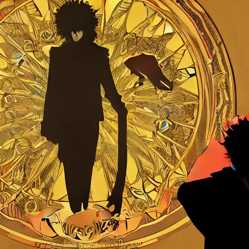 Image similar to concept art, silhouette of Spike Spiegel in front of Ganymede in the style of Alphonse Mucha and Hiroya Oku, 4k, artstation,