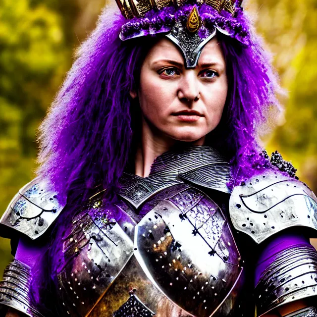 Prompt: photo of a beautiful strong warrior queen wearing amethyst encrusted armour, highly detailed, 4 k, hdr, smooth, sharp focus, high resolution, award - winning photo