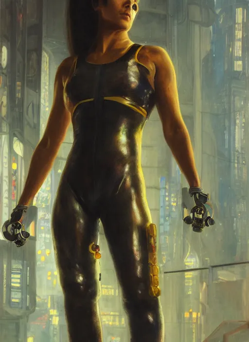 Image similar to cyberpunk olympic weightlifter in jumpsuit with robotic arms ( blade runner 2 0 4 9, cyberpunk 2 0 7 7 ). orientalist portrait by john william waterhouse and james gurney and theodore ralli and nasreddine dinet, oil on canvas. cinematic, hyper realism, realistic proportions, dramatic lighting, high detail 4 k