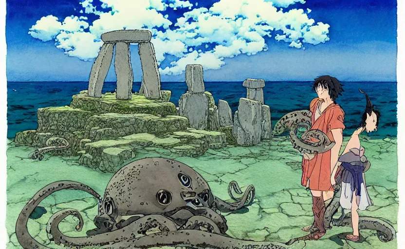 Image similar to a hyperrealist studio ghibli watercolor fantasy concept art. in the foreground is a giant grey octopus lifting a stone. in the background is stonehenge. the scene is underwater on the sea floor. by rebecca guay, michael kaluta, charles vess
