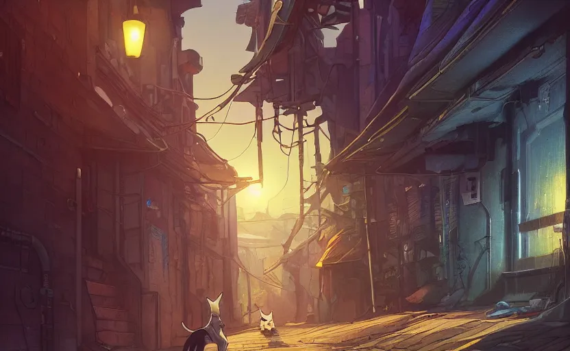 Image similar to low angle shot of a cat stretching in an alleyway in a space opera cyberpunk studio ghibli animated film, volumetric lighting, octane render by anime, stanley artgerm lau, greg rutkowski, thomas kindkade, alphonse mucha, loish, norman rockwel, highly detailed