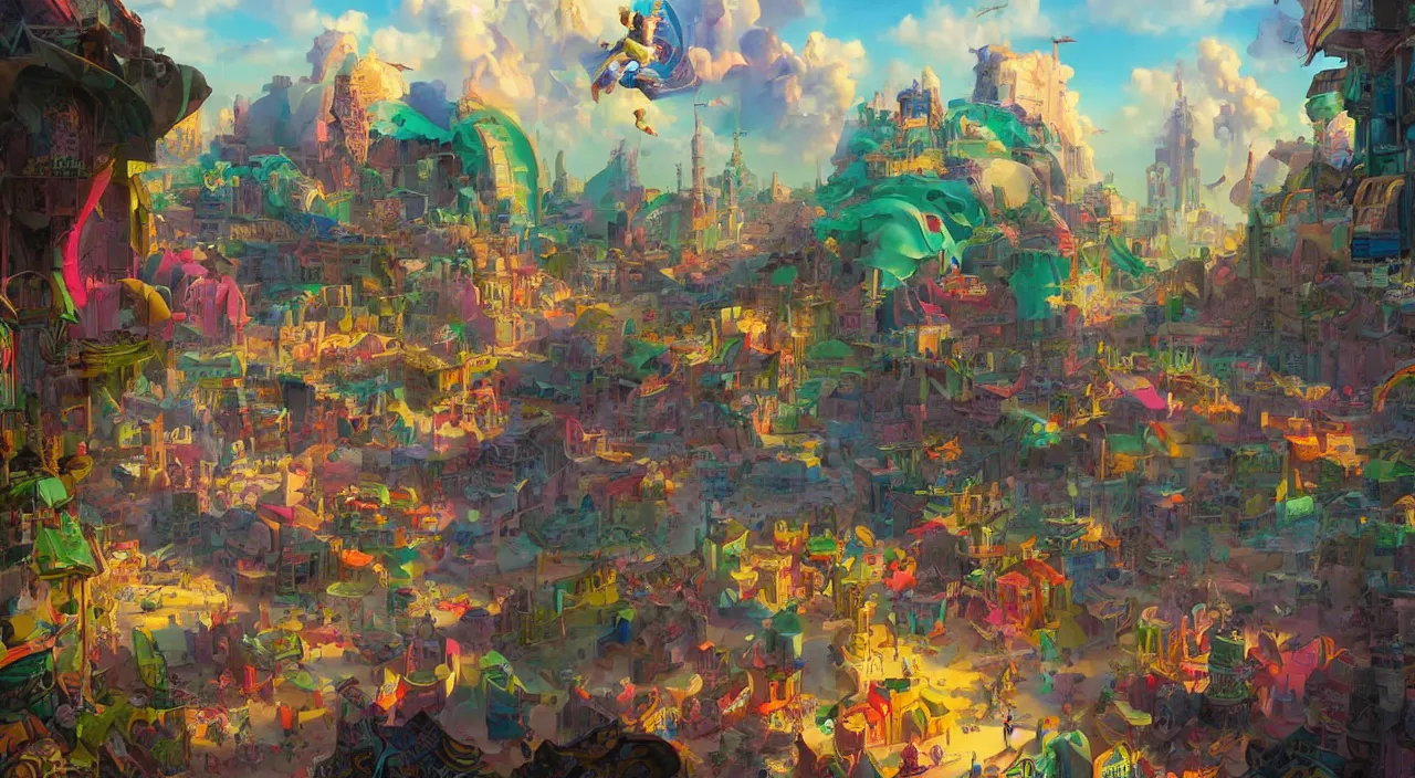 Prompt: bazaar zouk oriantal multicolorful sky shine place mosquet painting, sunny day, matte painting, bold shapes, hard edges, street art, trending on artstation, by huang guangjian and gil elvgren and sachin teng