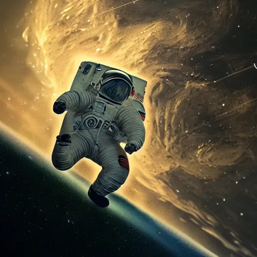 Image similar to an epic portrait of an astronaut entering the micro realm of the microscopic multiverse, cinematic lighting, under a microscope, Artstation, highly detailed, insane detailed
