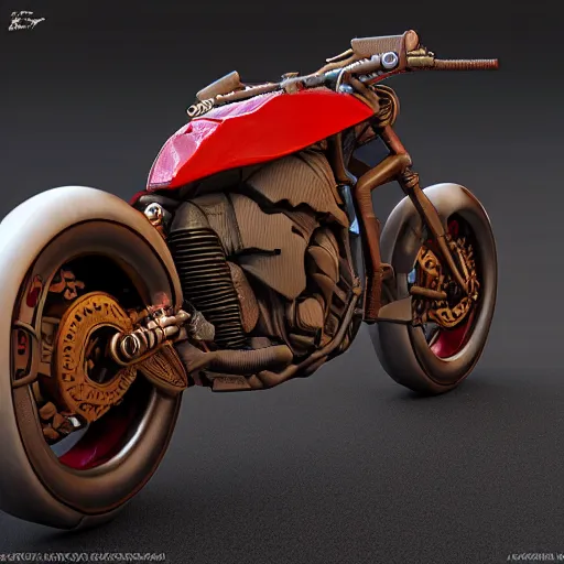 Image similar to akira motorcycle 3 d model, steampunk, 3 d cg, digital art, soft light