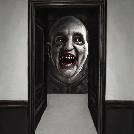 Prompt: Ted Cruz with a wide grin peaking through a door in the distance at the end of a narrow corridor, black and white, creepy lighting, scary, horror, ornate, eerie, fear, photorealistic oil painting
