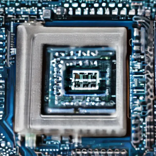 Prompt: exposed computer chip, wafer without the heatsink and heat spreader