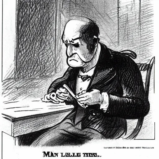 Image similar to man texting on his cell phone, 1871 Punch magazine cartoon, milt kahl pencil sketch