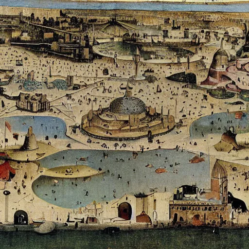 Prompt: circular city baghdad at abbasid caliphate age by hieronymus bosch,