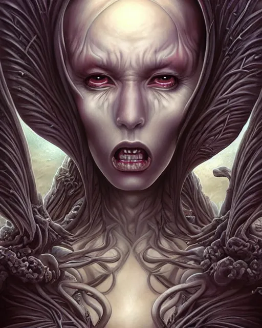 Image similar to death is swallowed up in victory, very detailed and beautiful womans face, screaming with fear, artwork by artgerm, centered shot, wide angle, full body, elfpunk, artwork by naoto hattori, landscape art by john howe