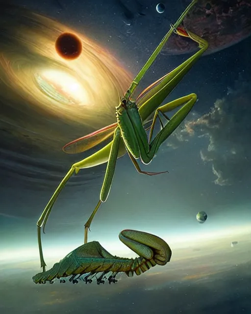 Image similar to a giant praying mantis in space eats planet, photo realistic, epic composition, epic light, high details by greg rutkowski and mark marc simonetti