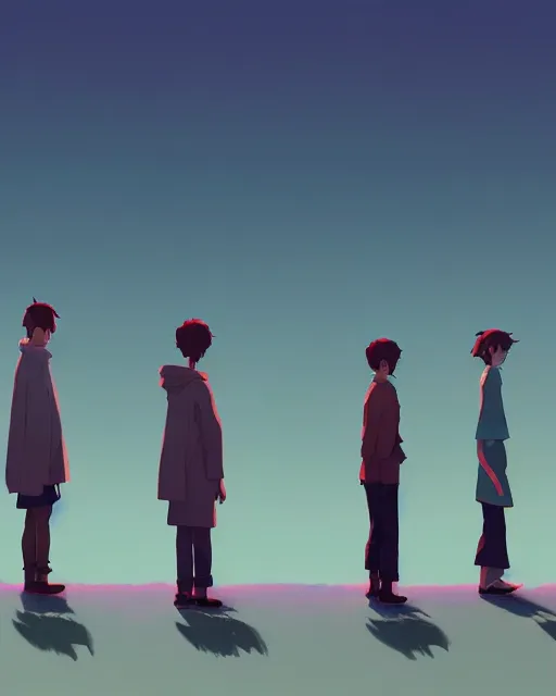 Image similar to a line of male statures lined up, james gilleard, atey ghailan, makoto shinkai, goro fujita, studio ghibli, rim light, exquisite lighting, clear focus, very coherent, plain background, soft painting