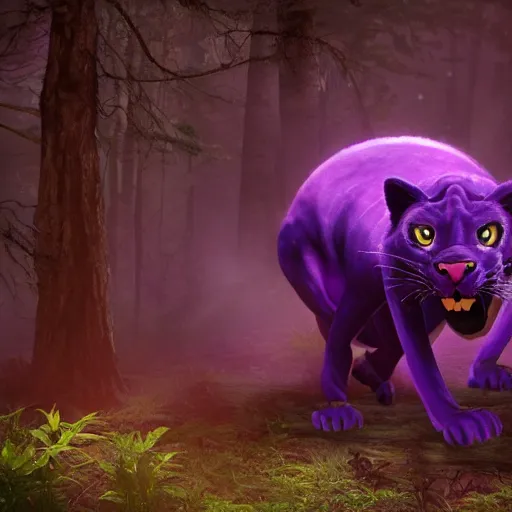 Image similar to a purple panther roaring at the moon in a forest during the night, large moon in the center. trending on artstation. cinematic. photoreal. dark colors. night.
