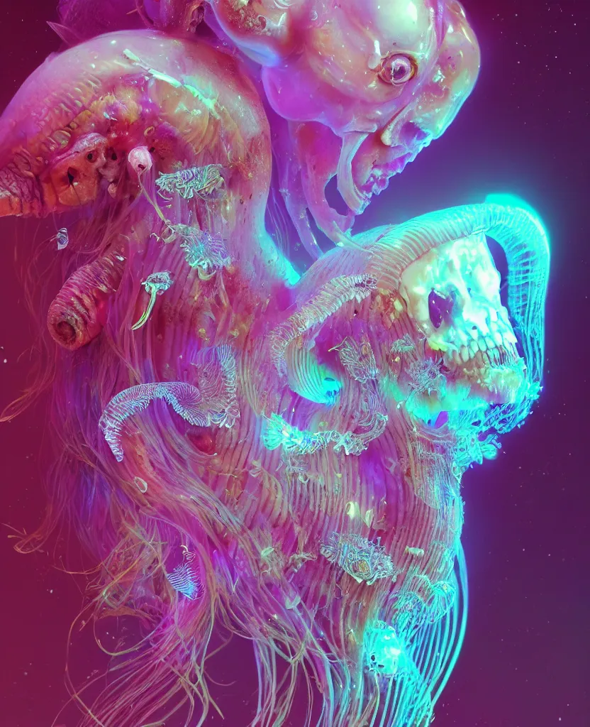 Image similar to goddess princess beautiful face close-up portrait ram skull. jellyfish phoenix head, nautilus, orchid, skull, betta fish, bioluminiscent creatures, intricate artwork by Tooth Wu and wlop and beeple. octane render, trending on artstation, greg rutkowski very coherent symmetrical artwork. cinematic, hyper realism, high detail, octane render, 8k