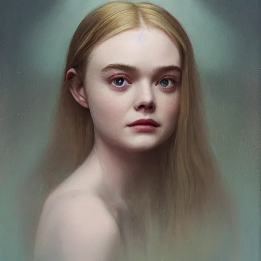 Prompt: Elle Fanning in a field in the world of Adam Wyeth, head and shoulders portrait, stormy weather, extremely detailed masterpiece, oil on canvas, low-key neon lighting, artstation, Blade Runner 2049, Roger Deakin’s cinematography, by J. C. Leyendecker and Peter Paul Rubens and Edward Hopper and Michael Sowa,