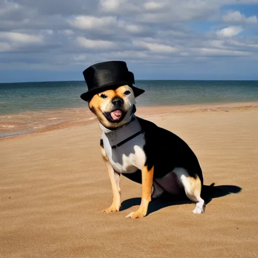 Prompt: Dog with hat on the beach