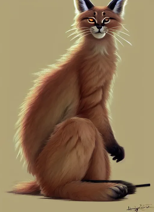 Prompt: cute fluffy caracal in pants sitting politely with electric guitar, facing the camera, anime art style, portrait, high detail, sharp focus, digital painting, artstation, concept art, art by hayao miyazaki and artgerm and greg rutkowski and alphonse mucha.