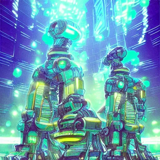 Prompt: an underwater city made of light matter built standing in the hands of a giant defunct robot mech and trying to save the planet one plant at a time, set in the distant future, plants, light prisms, rainbow diffraction, steampunk, cyberpunk, robots, warm lights, anime, vhs distortion, art style mimics starlight brigade by game grumps