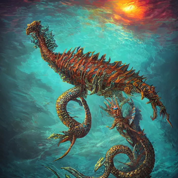 Image similar to underwater sea dragon full body, d & d style, trending on artstation, intricate, highly detailed, vivid painting, colorful, art by alexandr leskinen