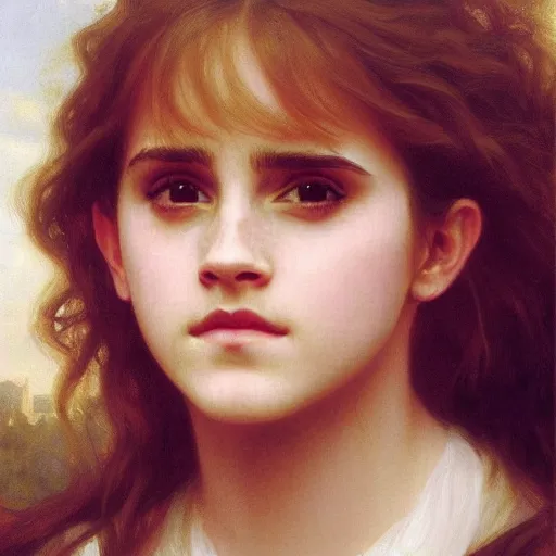 Image similar to Painting of Emma Watson as Hermione Granger. Art by william adolphe bouguereau. During golden hour. Extremely detailed. Beautiful. 4K. Award winning.