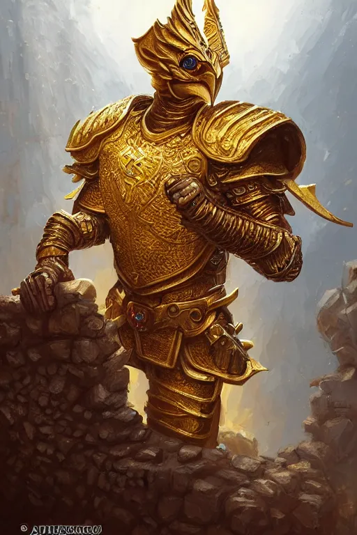 Prompt: a chicken warrior wearing golden armor in a castle, fantasy, intricate, highly detailed, digital painting, HQ, trending on artstation, illustration, style of Stanley Artgerm and Greg Rutkowski and Dan Mumford