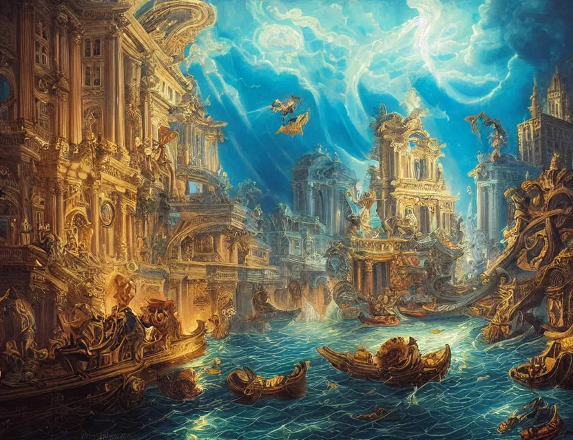 Prompt: ocean spirit lost in a metropolis. this rococo painting by the award - winning artist has dramatic lighting, an interesting color scheme and intricate details.