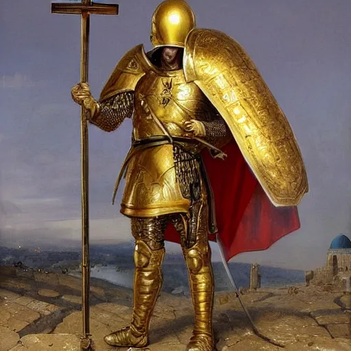 Image similar to man in decorated with gold 15 century crusader armor, helmet and white cape with cross holding decorated with gold sword on it standing at the gates of jerusalem drawn by greg rutkowski realistic high detail