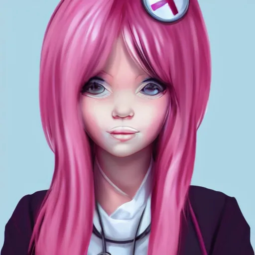 Image similar to portrait of pink haired woman nurse wearing an eyepatch, trending on artstation