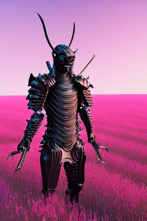 Prompt: hyperrealistic neo - gothic muscular human demon hybrid, exoskeleton armor, holding katana, field of pink flowers, highly detailed digital art masterpiece, vitaly bulgarov dramatic dark teal light, ground angle hd 8 k, sharp focus