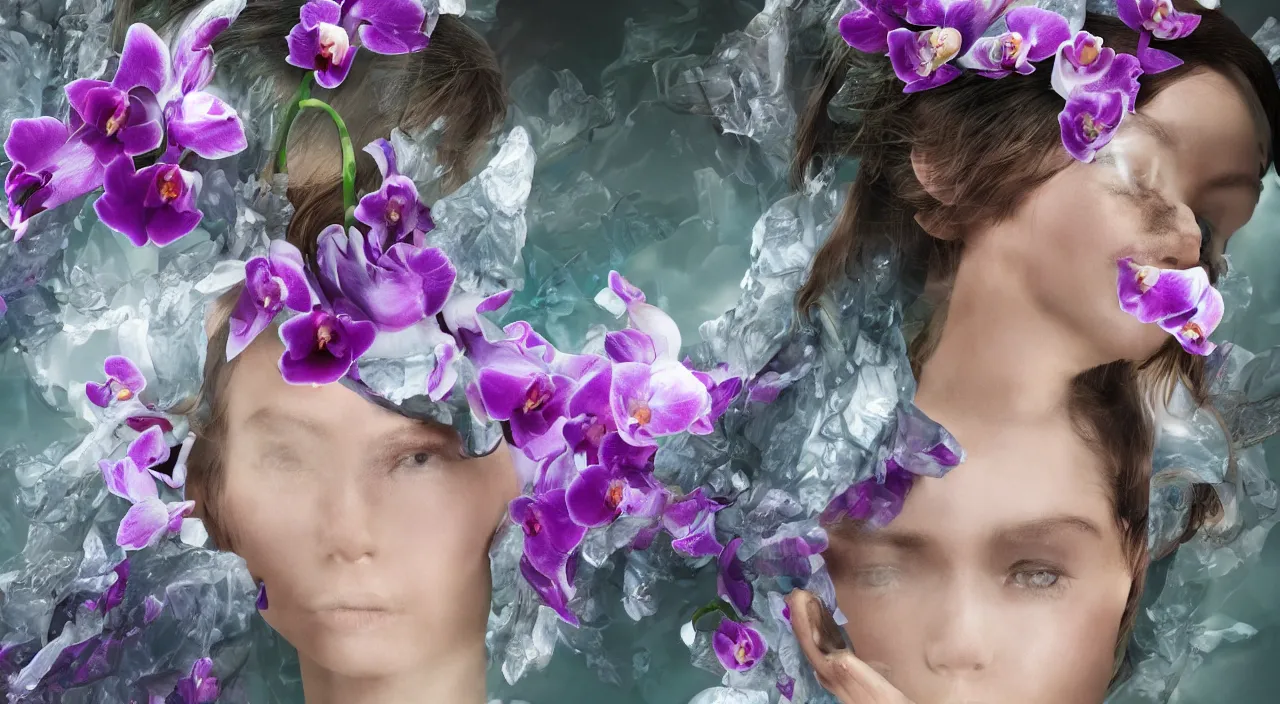 Prompt: a glacier made of orchids inside the head of a fashion model 4K HD realism and photorealistic