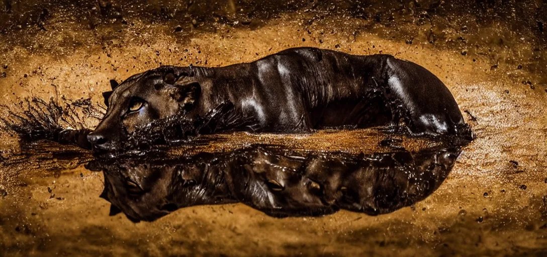 Image similar to a black lioness, made of ferrofluid, bathing inside the lake of ferrofluid, full of goo, covered with ferrofluid. dslr, photography, realism, animal photography, color, savanna, wildlife photography