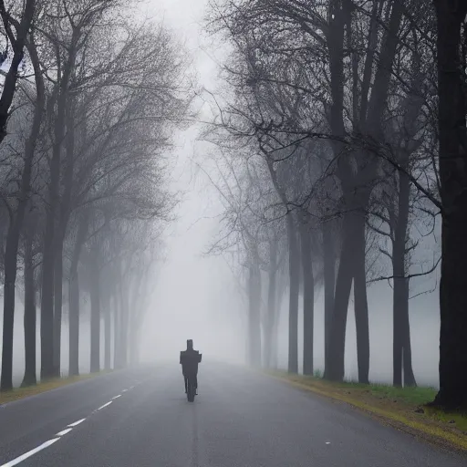 Prompt: mist, there\'s a shadowy figure on the road