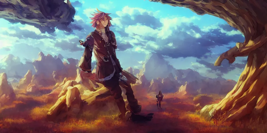 Image similar to isekai masterpiece anime man standing tree log looking up at giant crystals, high noon, cinematic, very warm colors, intense shadows, ominous clouds, anime illustration, anime screenshot composite background by mandy jurgens, by irina french, by rachel walpole, by alyn spiller