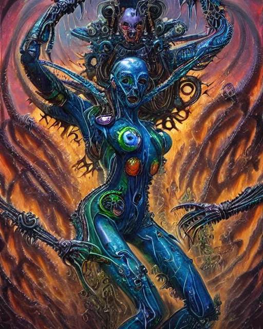 Image similar to silver mechanical charred bloody fleshmetal cyborg daemonhost woman psychedelic flamer of tzeentch with extra arms guns, blue and green rainbow fire, by antonio j. manzanedo, alex grey, android jones, wayne barlowe, philippe druillet, josephine wall, harumi hironaka, cronenburg, trending on artstation