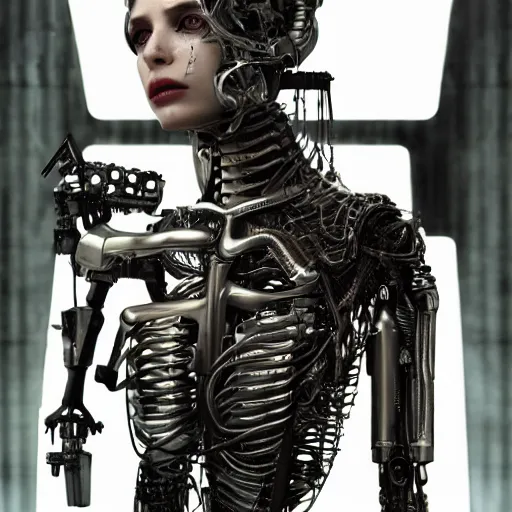 Image similar to charlotte kemp muhl as a cyborg android, giger, futuristic, cyberpunk, neon, vivid color, high resolution, 8 k detail