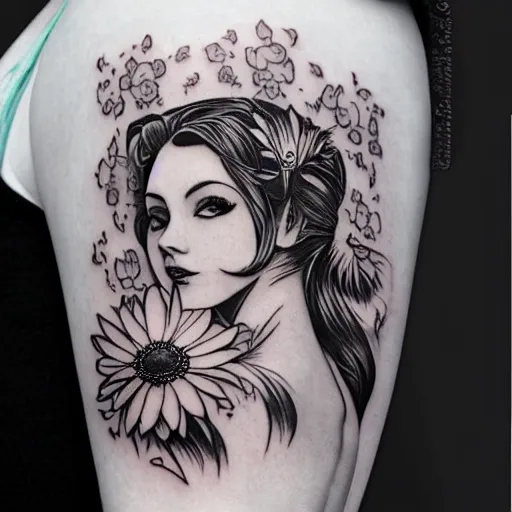Image similar to tattoo design, stencil, portrait of princess daisy by artgerm, symmetrical face, beautiful