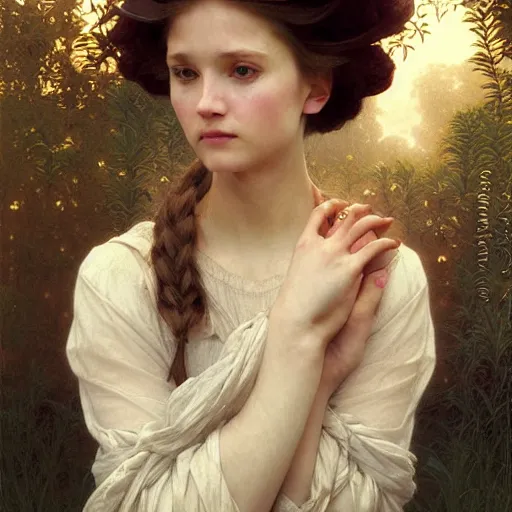 Image similar to Portrait of beautiful pale peasant girl, cinematic lighting, intricate, elegant, highly detailed, digital painting, artstation, smooth, sharp focus, illustration, art by artgerm and greg rutkowski and alphonse mucha and Wayne Barlowe and william-adolphe bouguereau