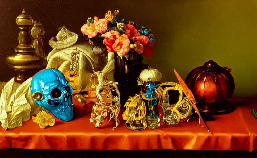 Image similar to beautiful colorful oil painting dutch golden age vanitas still life with gorgeous fututistic objects shiny transparent surfaces shiny metal insects rachel ruysch dali todd schorr very detailed perfect composition rule of thirds masterpiece chiaroscuro canon 5 0 mm, cinematic lighting, photography, retro, film, kodachrome