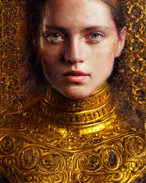 Image similar to encaustic painting portrait of woman in shining golden armor, high production value, intricate details, high resolution, hdr, high definition, masterpiece, realistic, ultrarealistic, highly detailed, hd, sharp focus, non blurry, sharp, smooth