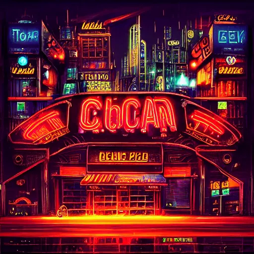 Image similar to A cityscape at night with neon lights and cyber punk elements, steam punk, top-rated, award winning, realistic, sharp, no blur, trending on ArtStation, magnificent, details, sharp focus, elegant, highly detailed, illustration, by Butcher Billy